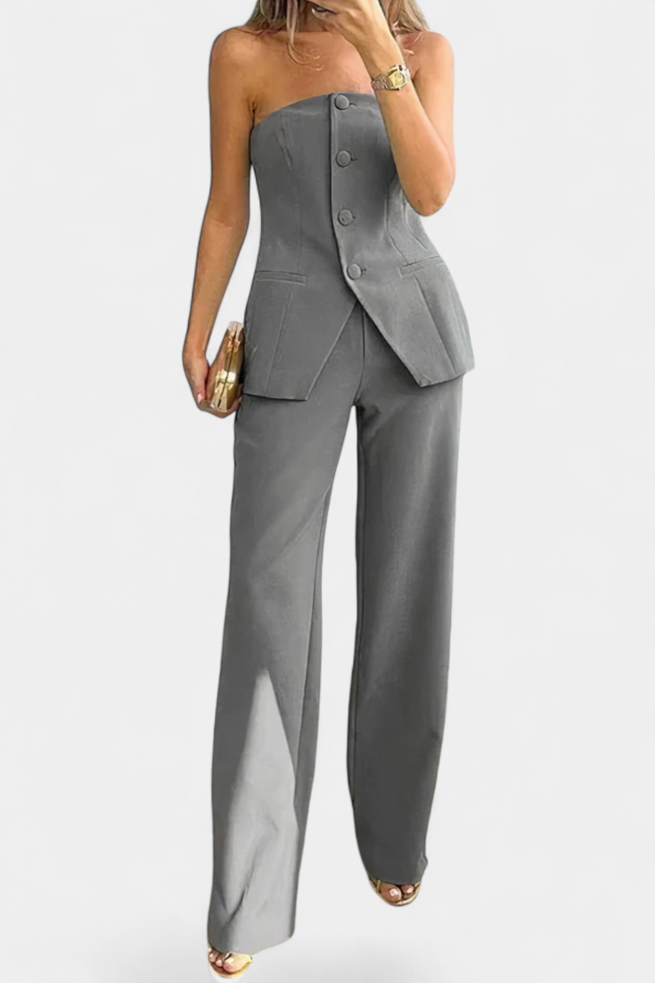 Ekaterina Conjunto de Top Tubo y Pantalón de Pierna Ancha con Estilo Minimalista