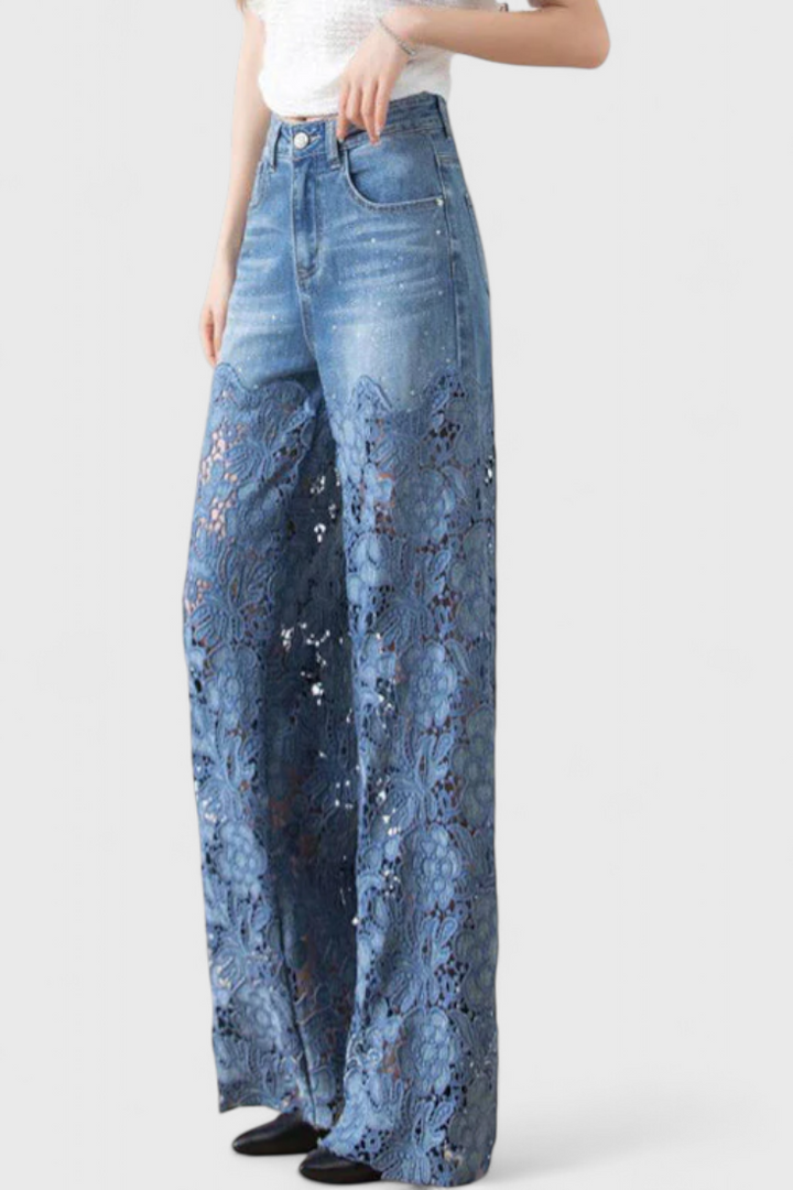 Jasiel Pantalón Palazzo de Encaje Denim con Bordado Floral