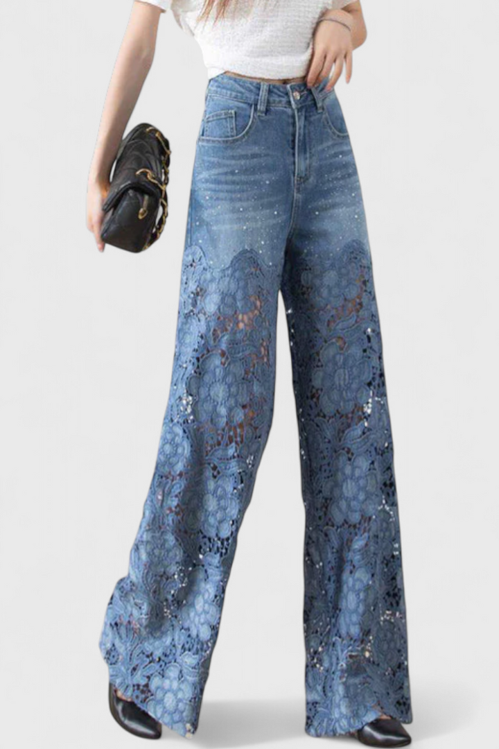 Jasiel Pantalón Palazzo de Encaje Denim con Bordado Floral