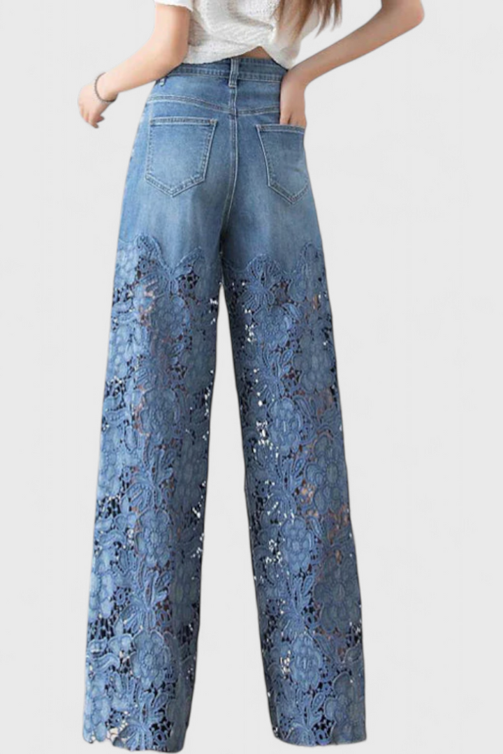 Jasiel Pantalón Palazzo de Encaje Denim con Bordado Floral