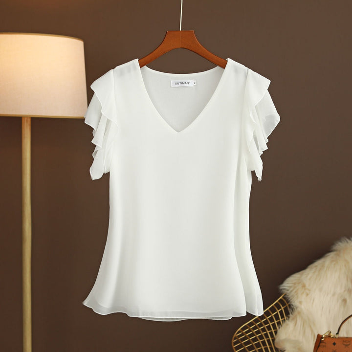 Blusa para mujer de gasa ligera con mangas de volantes escote en pico - Elvira